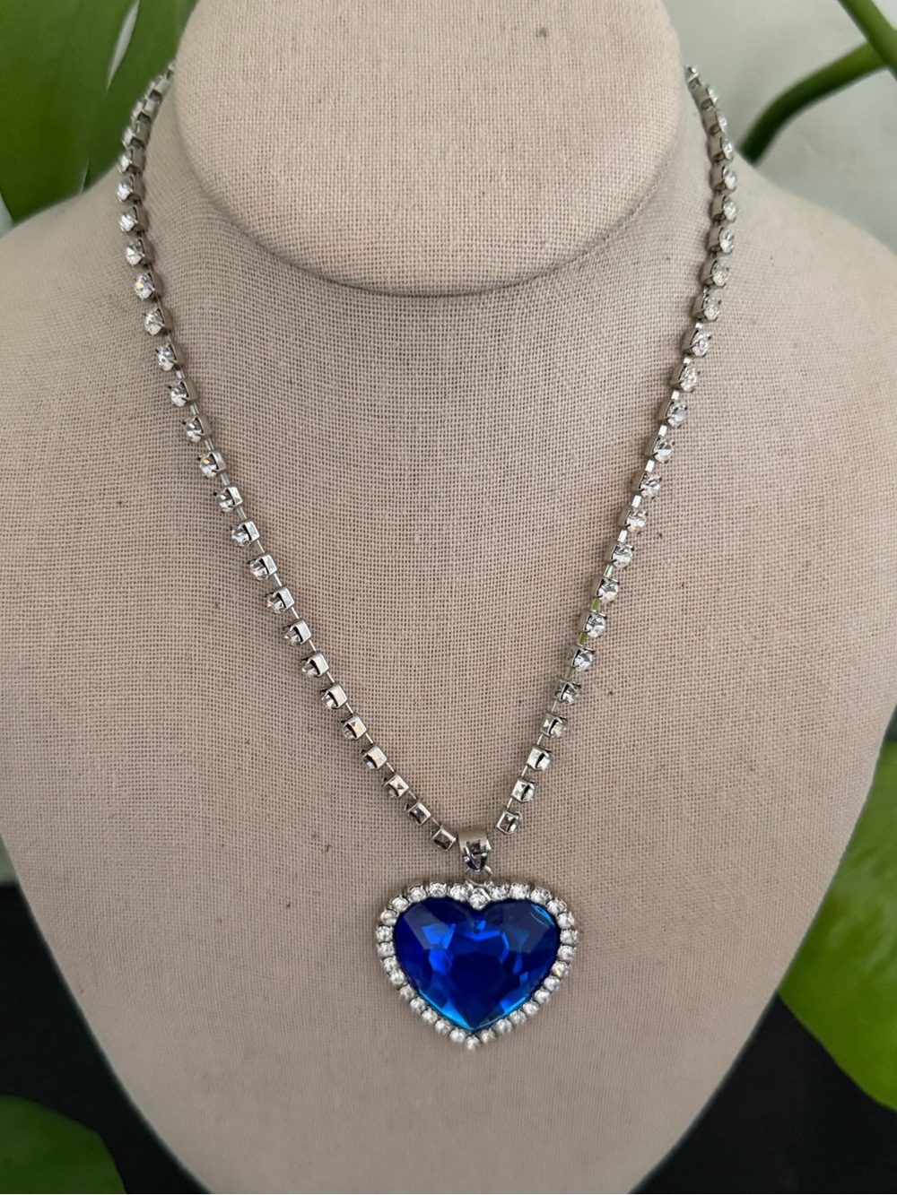Vintage Big Blue Heart Lucite & Glass Rhinestone Pendant Necklace